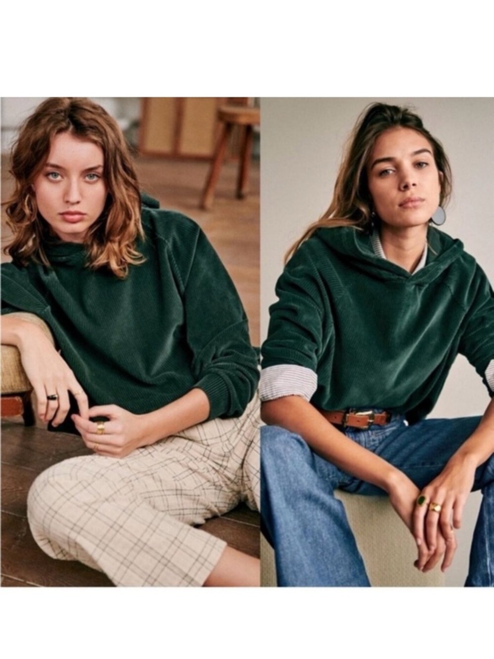 SEZANE Mary Sweatshirt Hoodie Sage Green Size XS Velvet French Loungewear Cord